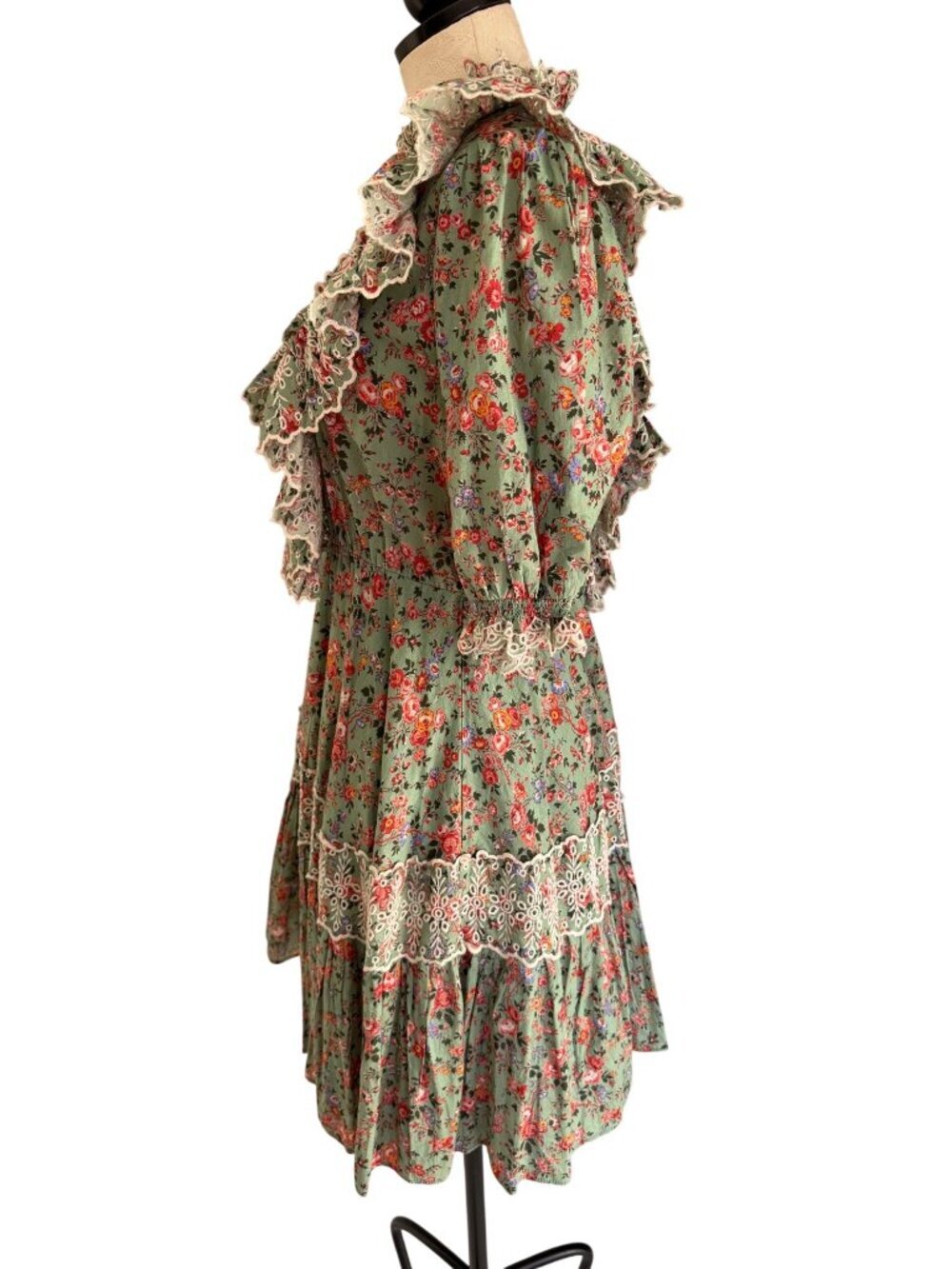 byTimo Womens Eyelet Lace Trim Ruffle Bodice Floral Mini Dress Size M Green Boho - Picture 2 of 10